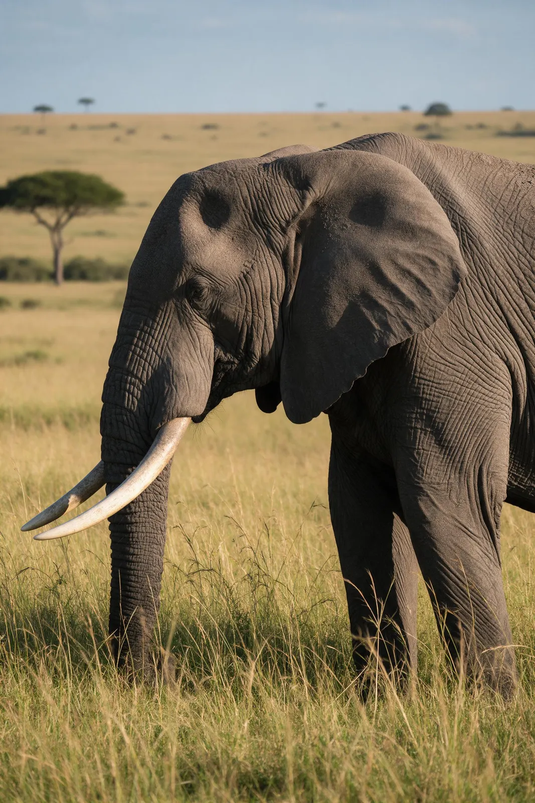 Elefante macho con grandes colmillos en el Serengeti
