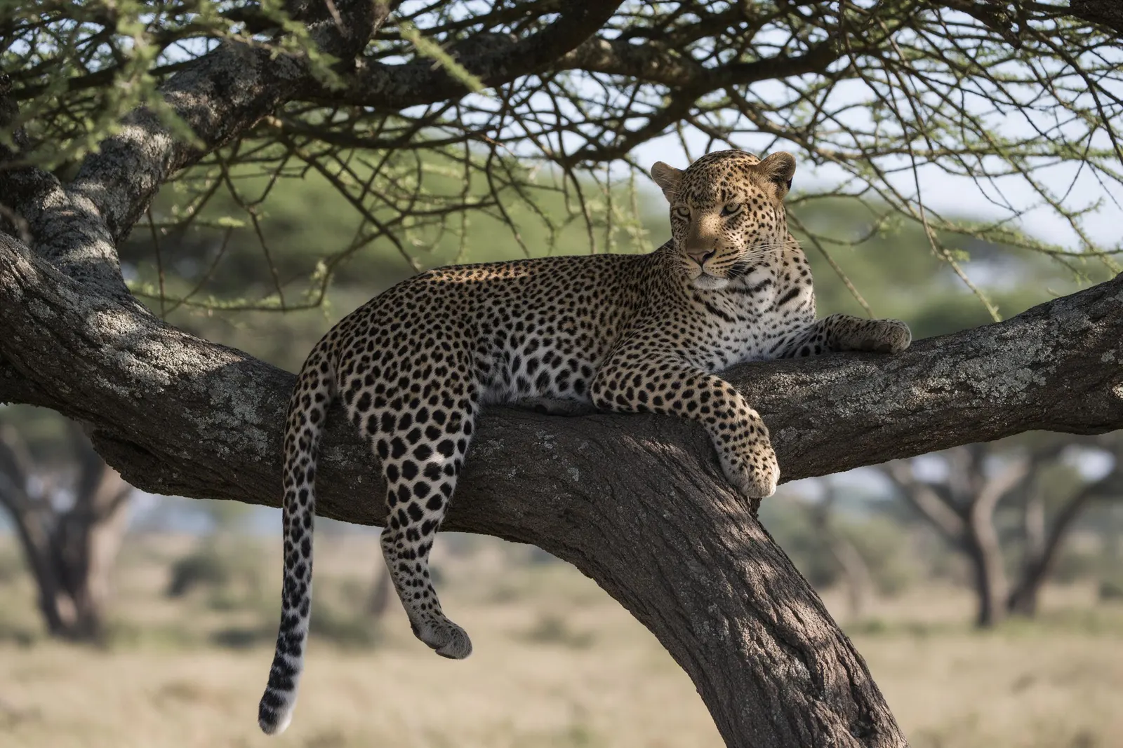Leopardo descansando en la rama de una acacia en Seronera