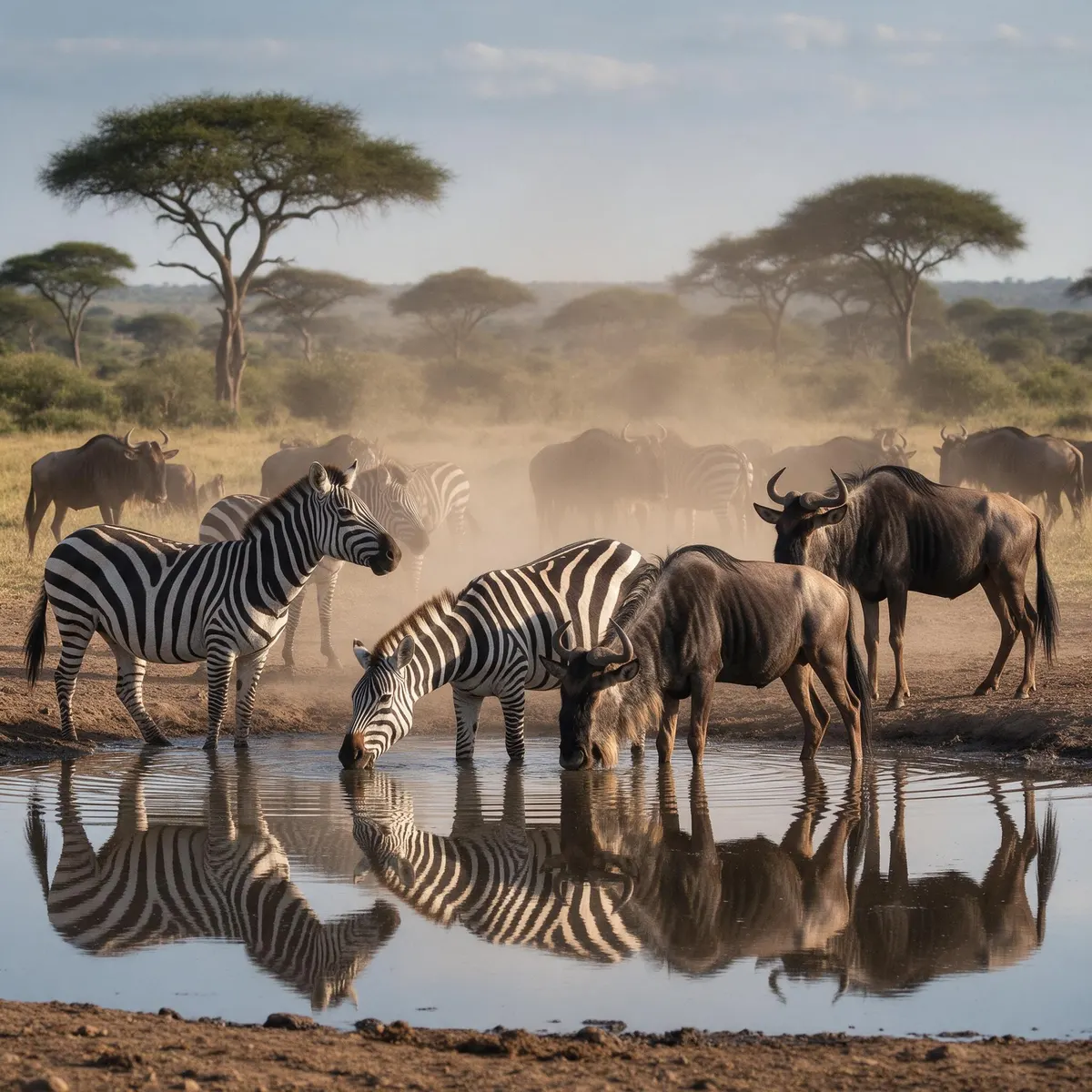 Cebras y ñus bebiendo en una charca del Serengeti