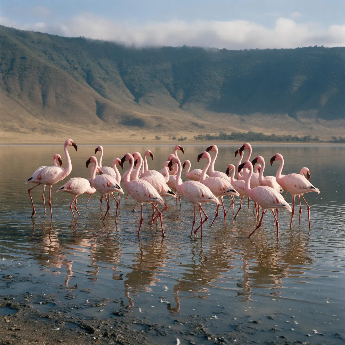 Flamencos en el lago Magadi, dentro del cráter del Ngorongoro