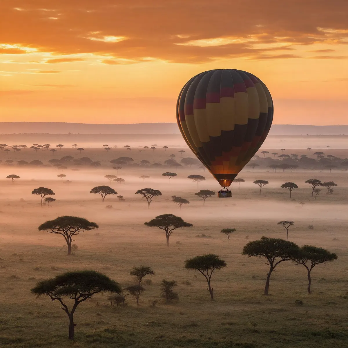 Globo aerostático al amanecer sobre el Serengeti