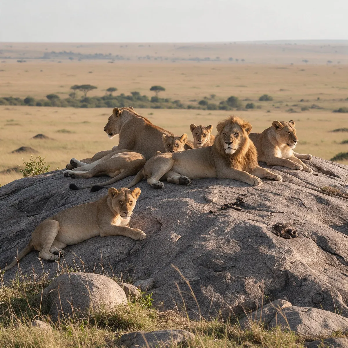 Manada de leones descansando sobre un kopje en el Serengeti