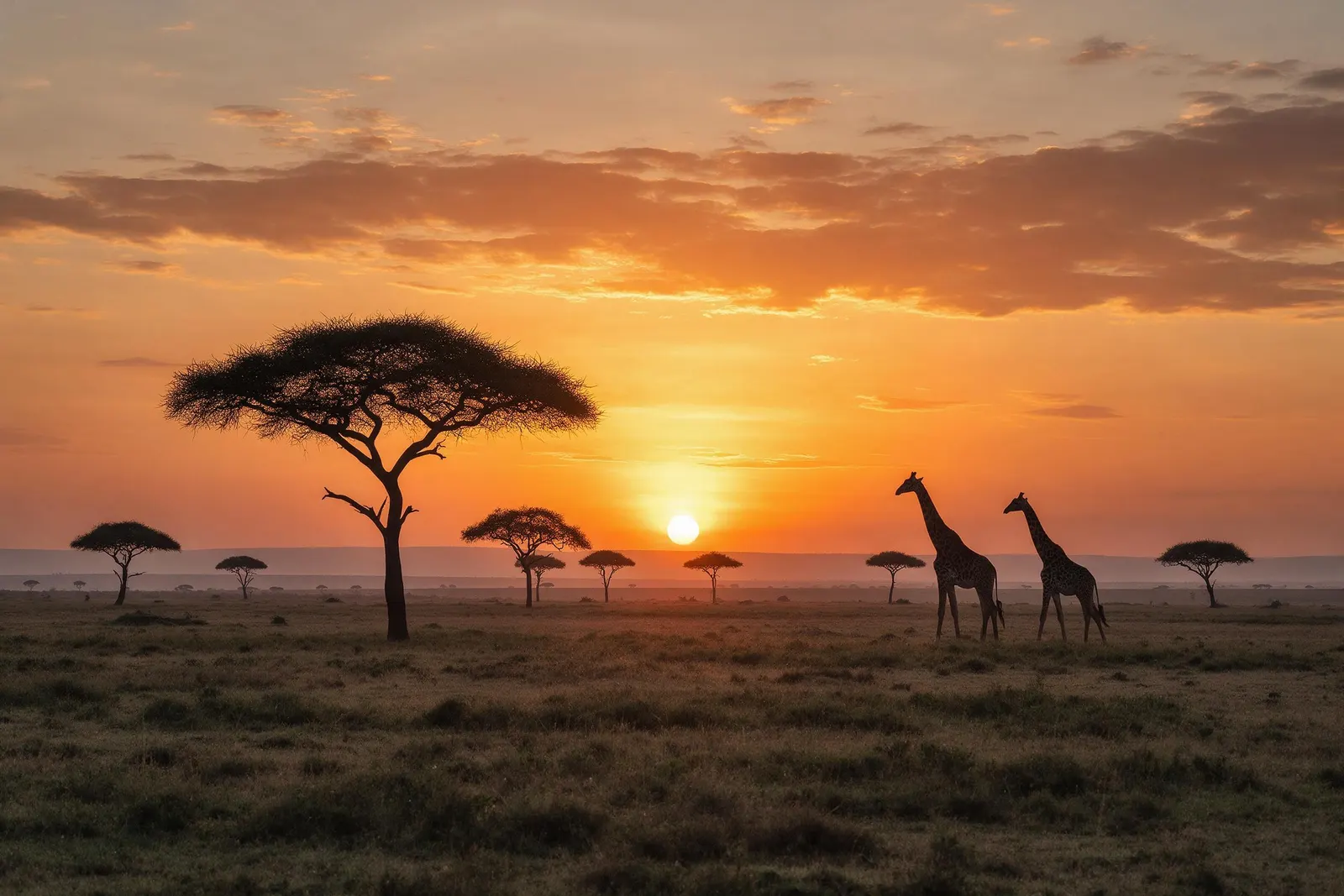 Amanecer en el Serengeti con acacias y jirafas a contraluz