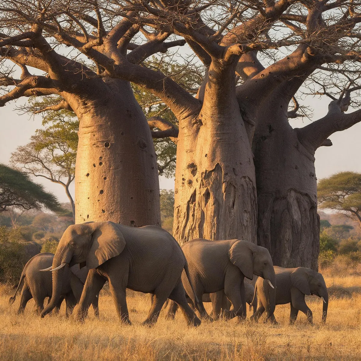 Manada de elefantes junto a los baobabs de Tarangire